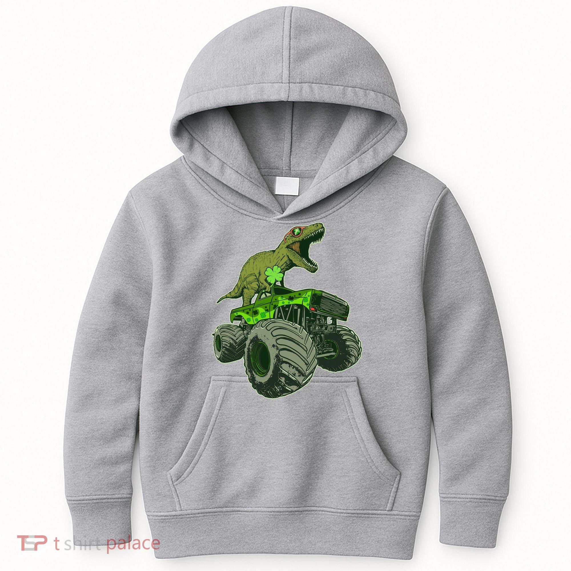 Funny St Patrick's Day Lucky Trex Dinosaur Riding Monster Truck Kids Hoodie