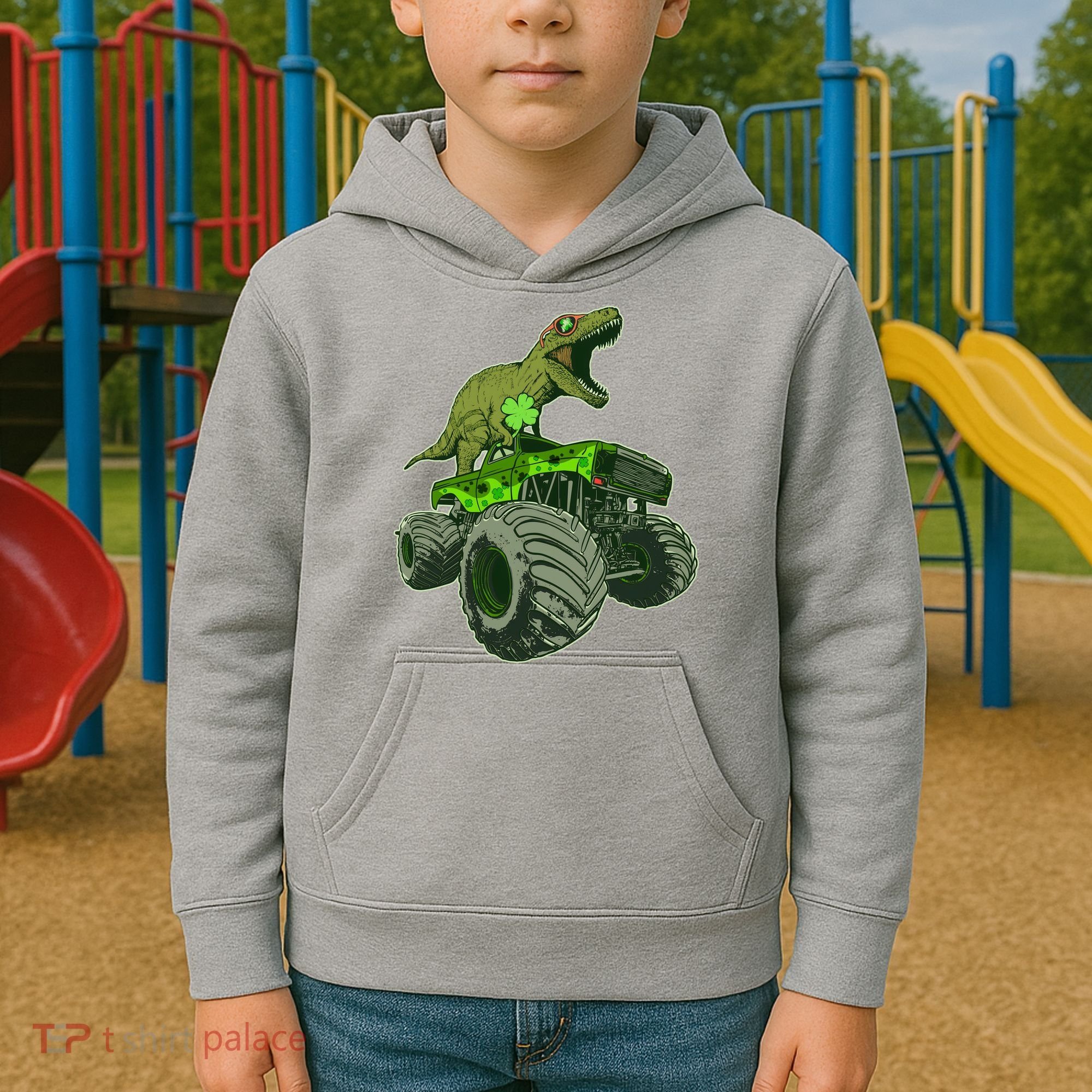 Funny St Patrick's Day Lucky Trex Dinosaur Riding Monster Truck Kids Hoodie