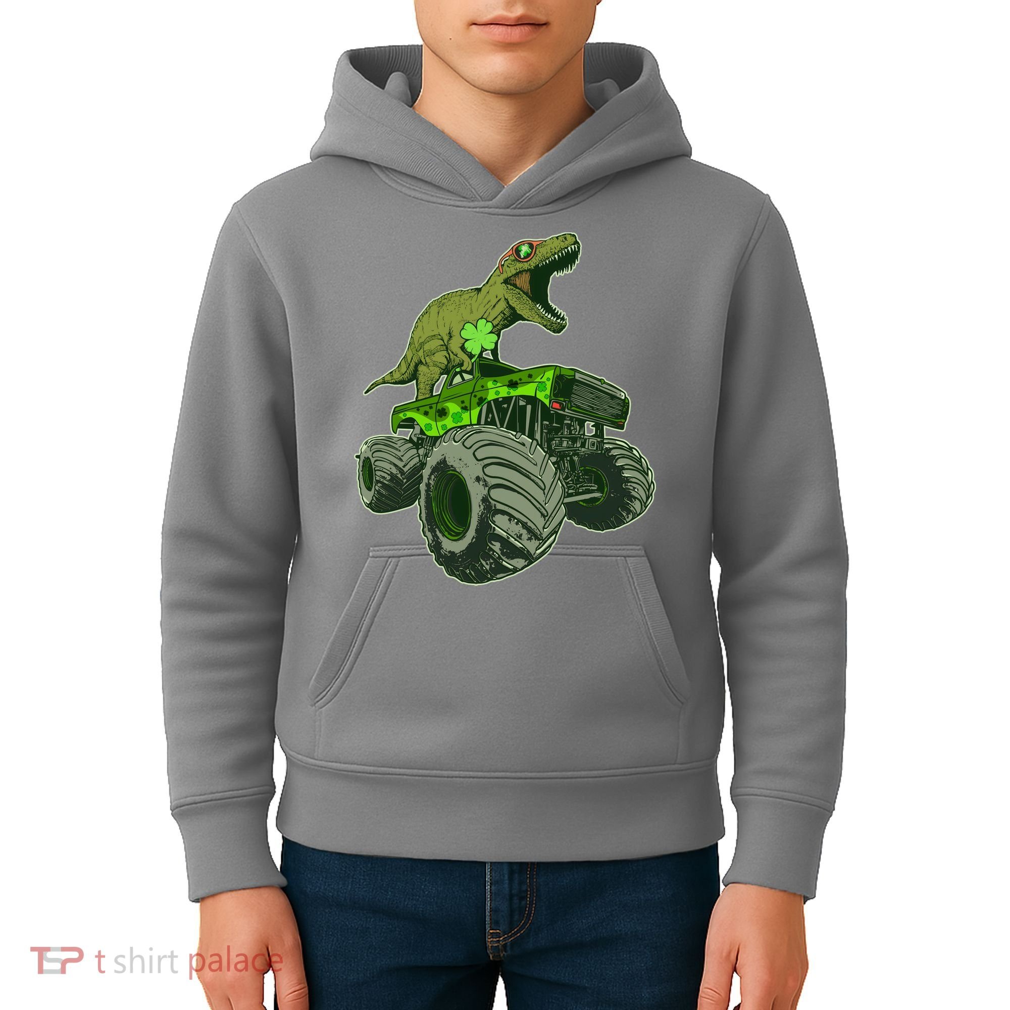 Funny St Patrick's Day Lucky Trex Dinosaur Riding Monster Truck Kids Hoodie