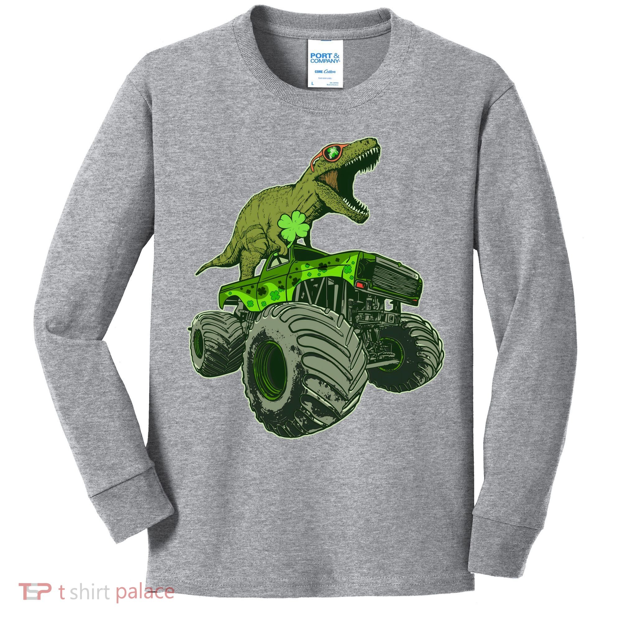 Funny St Patrick's Day Lucky Trex Dinosaur Riding Monster Truck Kids Long Sleeve Shirt