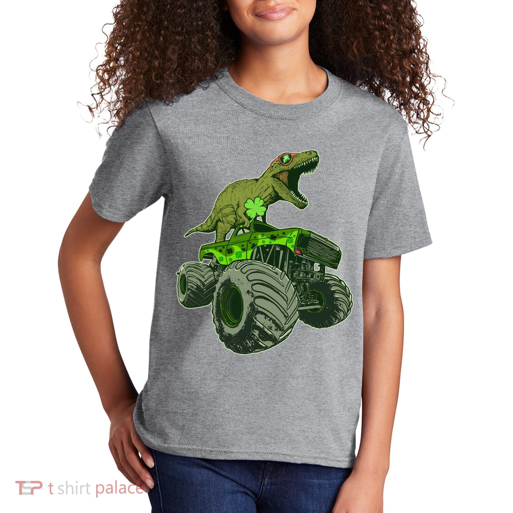 Funny St Patrick's Day Lucky Trex Dinosaur Riding Monster Truck Kids T-Shirt