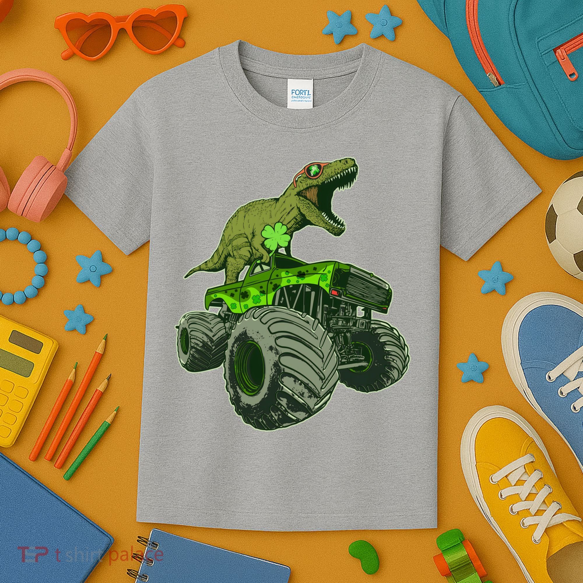 Funny St Patrick's Day Lucky Trex Dinosaur Riding Monster Truck Kids T-Shirt