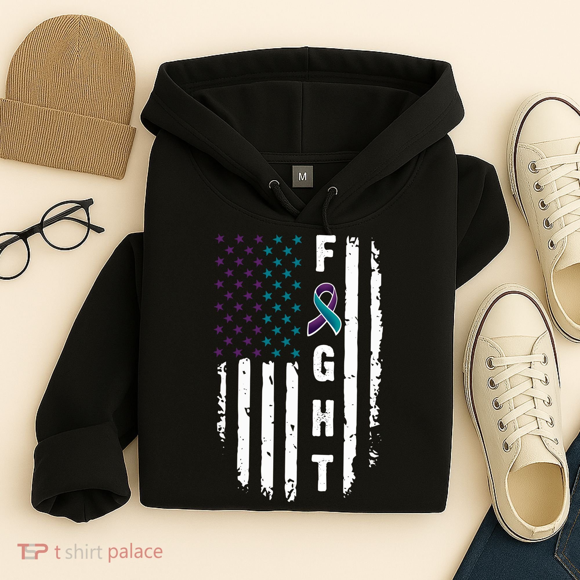 Fight Suicide Prevention Teal Purple Ribbon US Flag Hoodie
