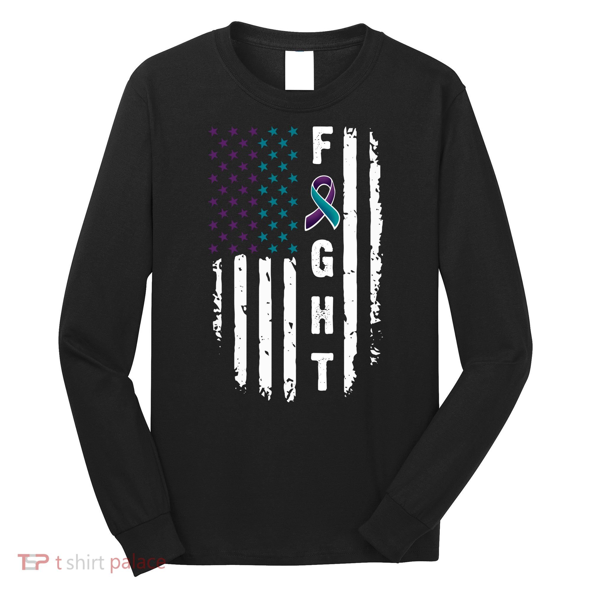 Fight Suicide Prevention Teal Purple Ribbon US Flag Long Sleeve Shirt