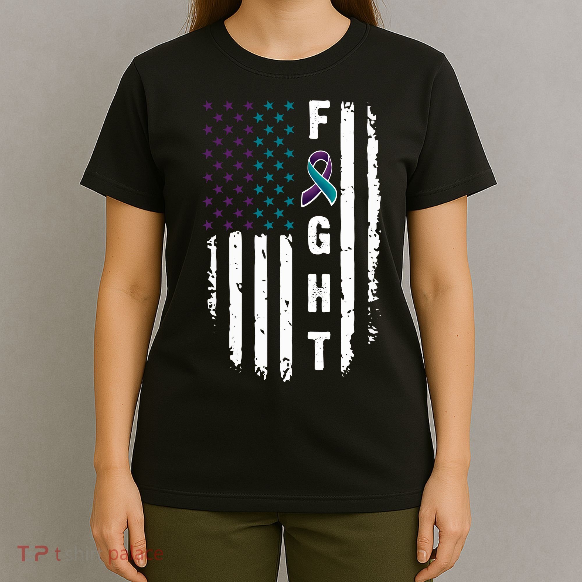 Fight Suicide Prevention Teal Purple Ribbon US Flag T-Shirt