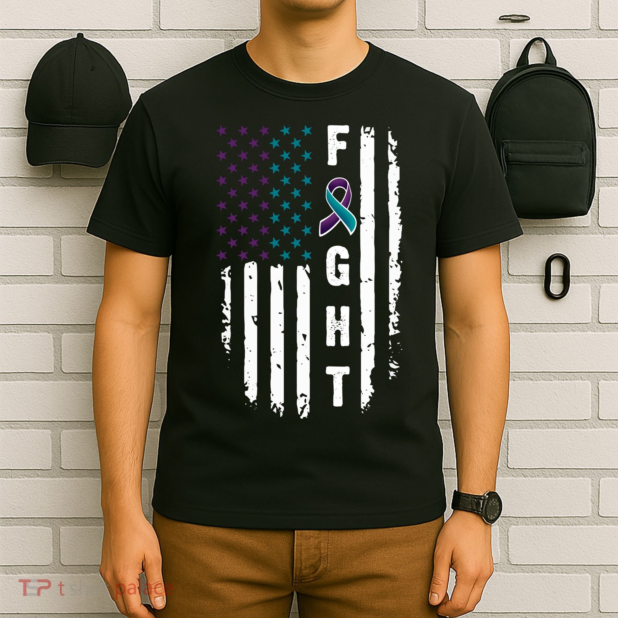 Fight Suicide Prevention Teal Purple Ribbon US Flag T-Shirt