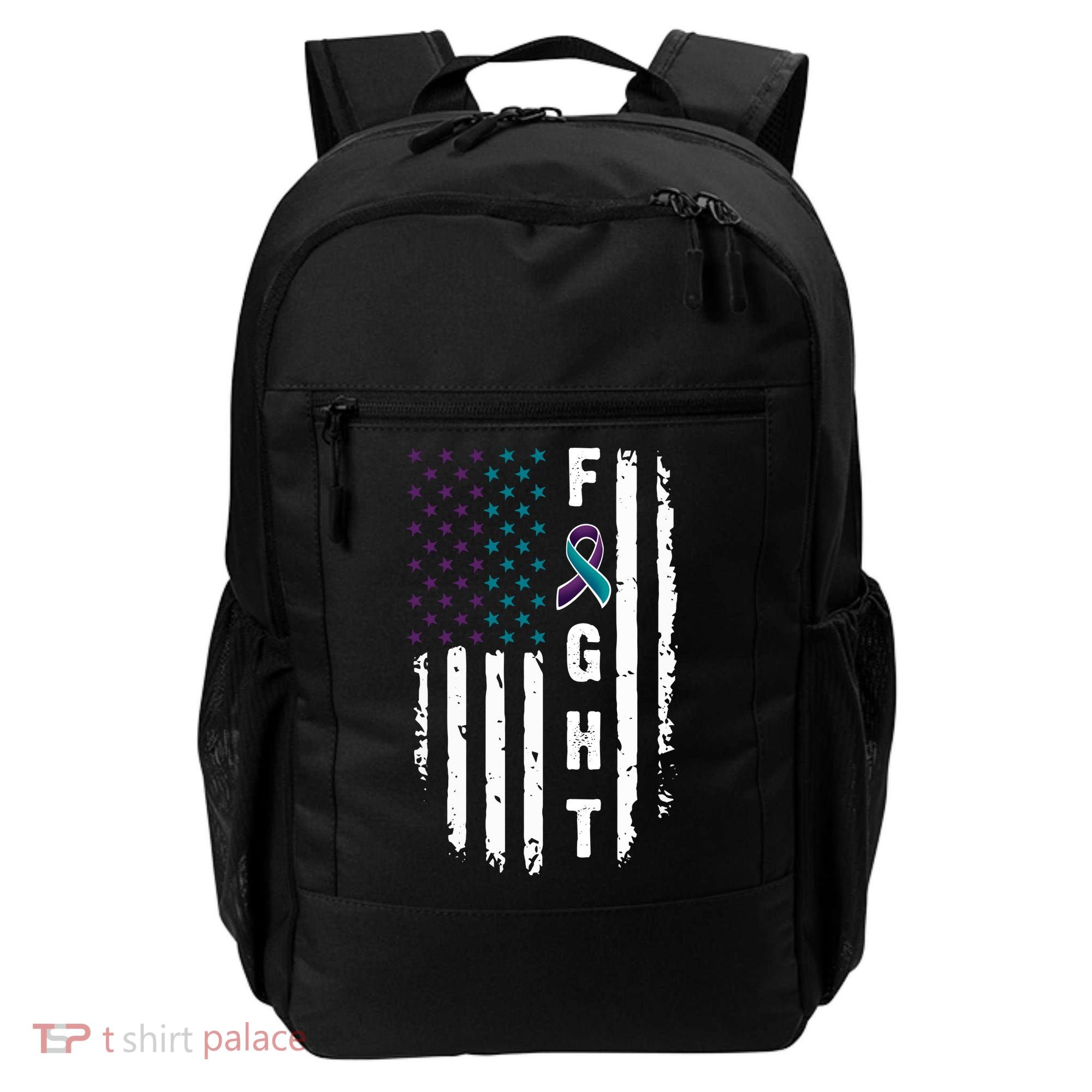 Fight Suicide Prevention Teal Purple Ribbon US Flag Backpack