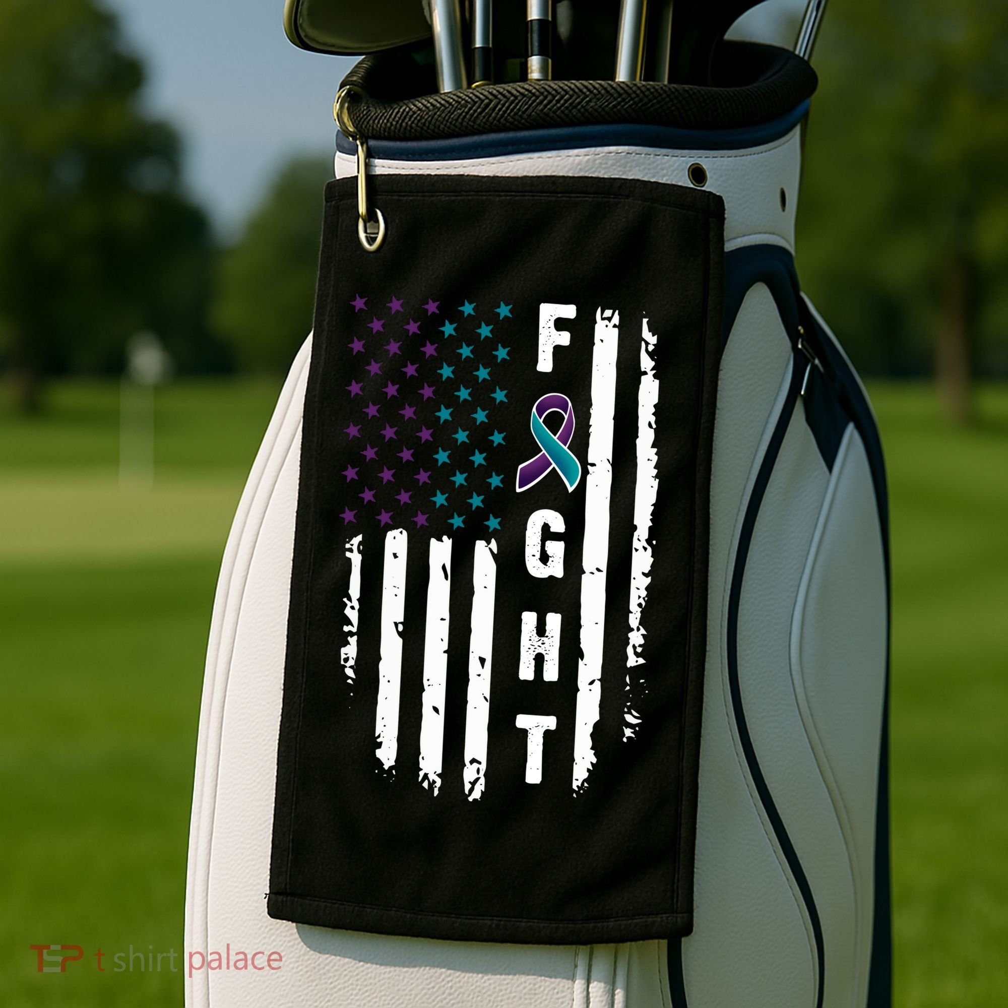 Fight Suicide Prevention Teal Purple Ribbon US Flag Golf Towel