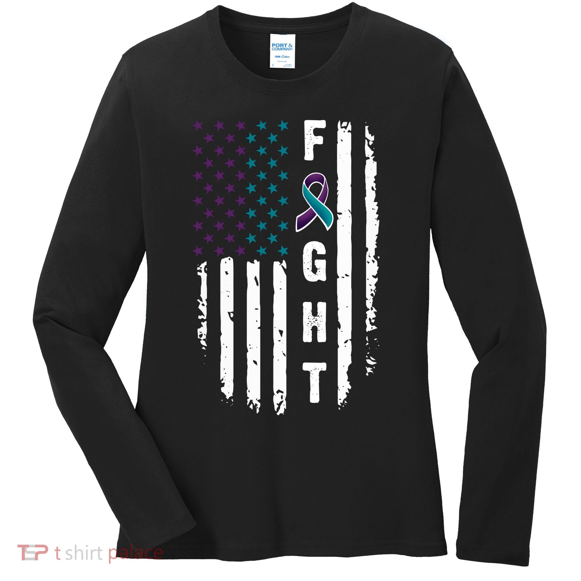 Fight Suicide Prevention Teal Purple Ribbon US Flag Women's Long Sleeve Shirt