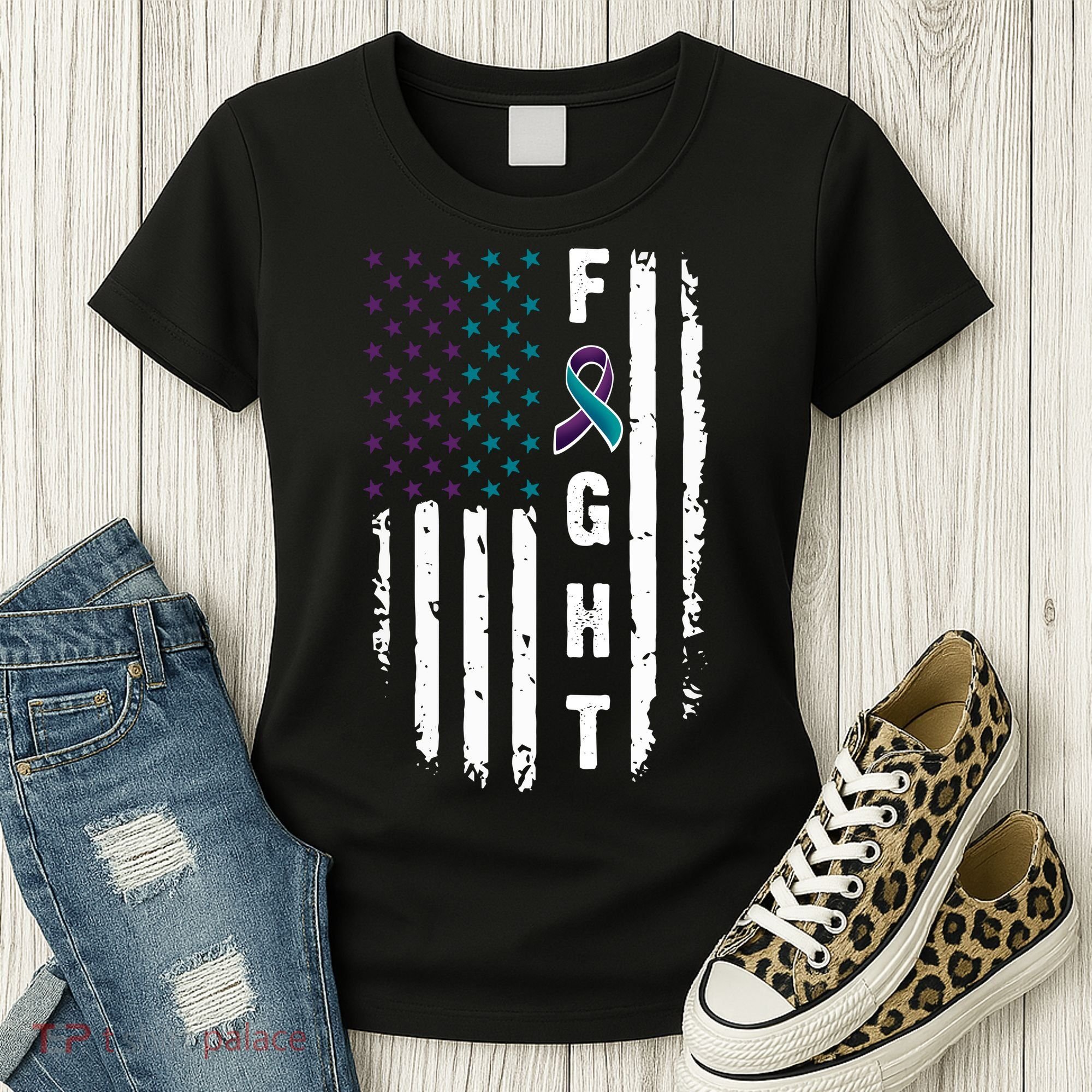 Fight Suicide Prevention Teal Purple Ribbon US Flag Women's T-Shirt