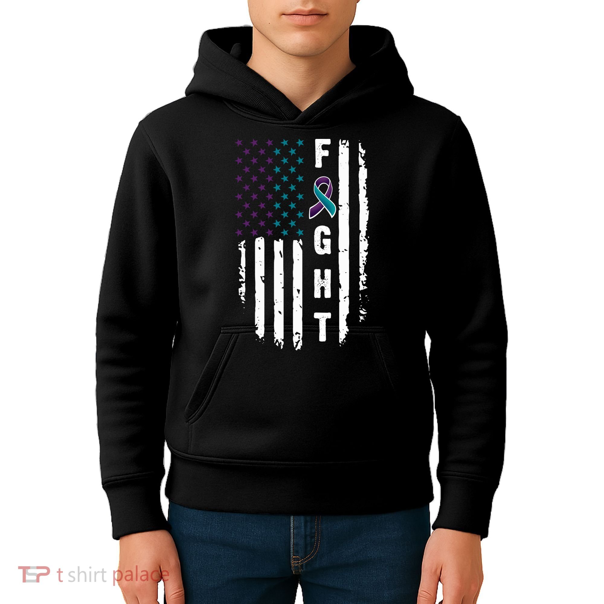 Fight Suicide Prevention Teal Purple Ribbon US Flag Kids Hoodie