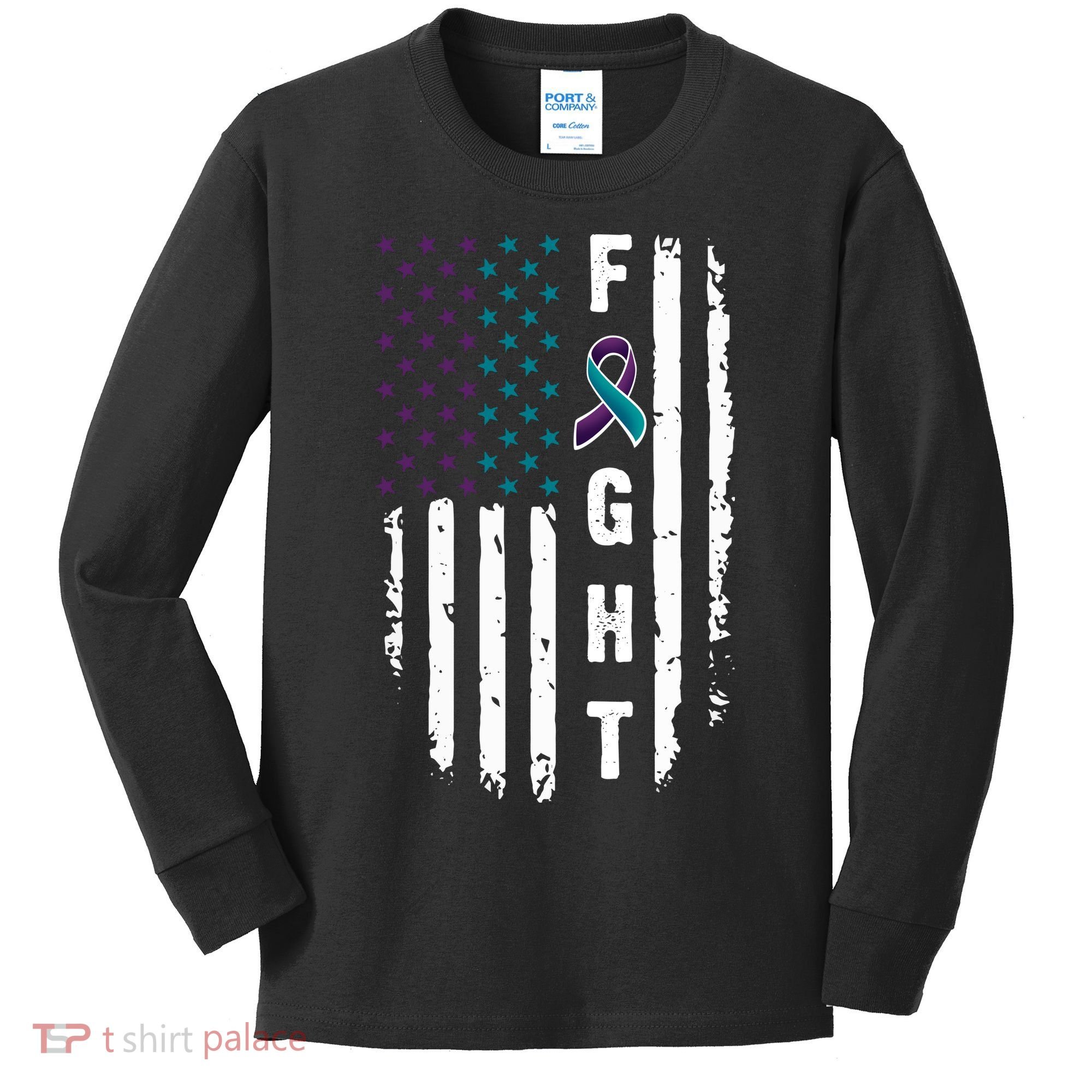 Fight Suicide Prevention Teal Purple Ribbon US Flag Kids Long Sleeve Shirt