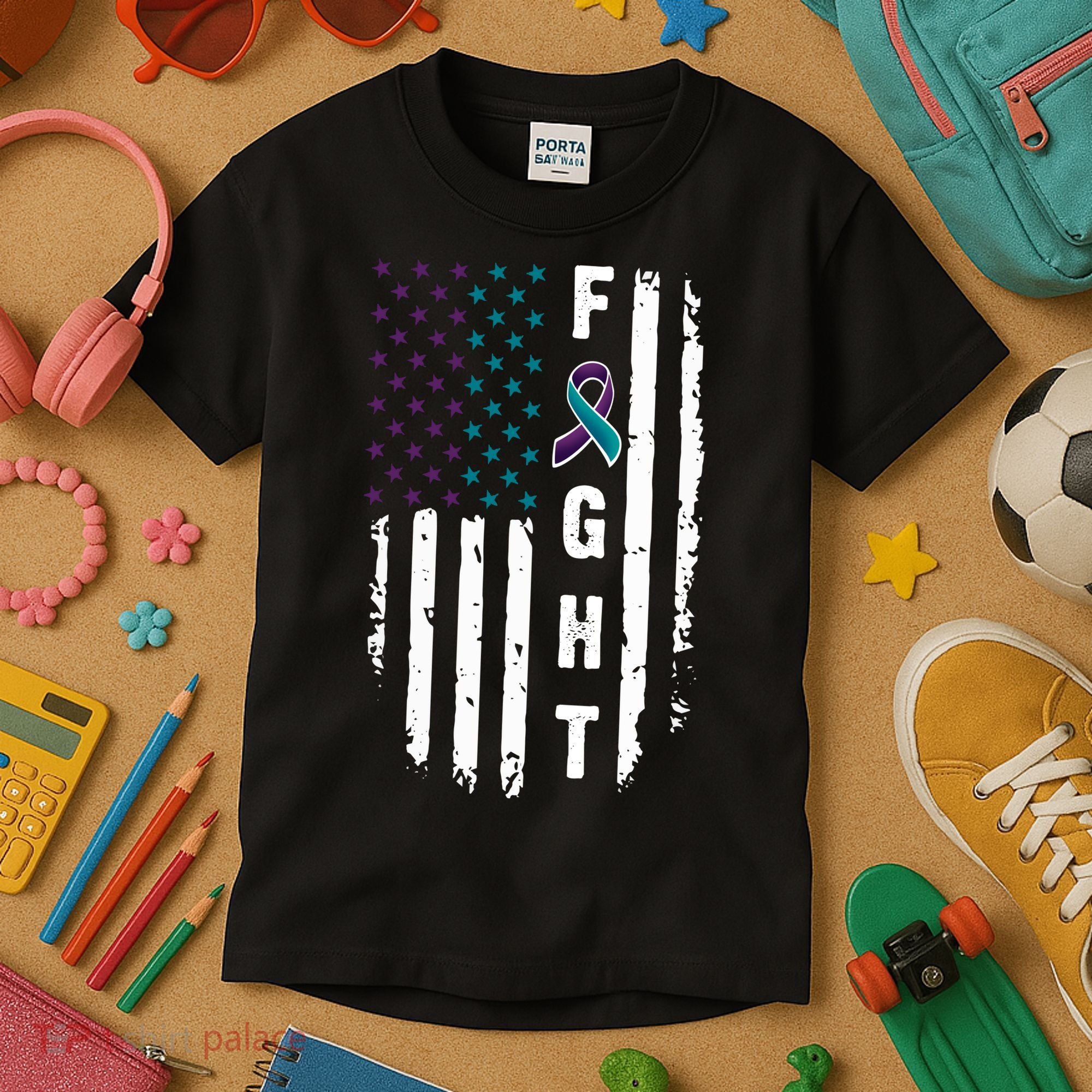 Fight Suicide Prevention Teal Purple Ribbon US Flag Kids T-Shirt