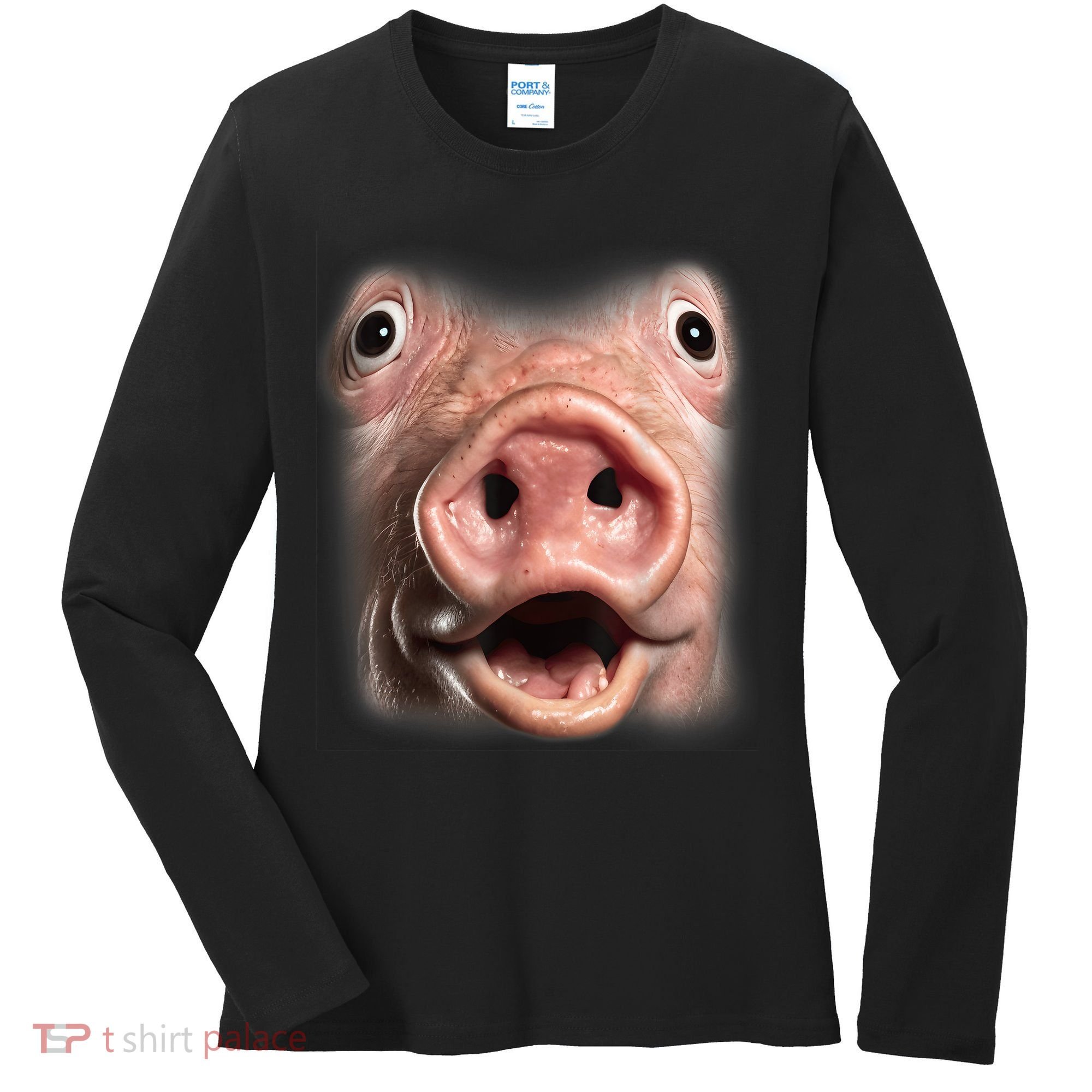 Funny Surprised Pig Face Meme Big Troll Hog Piggy Face Women's Long Sleeve Shirt