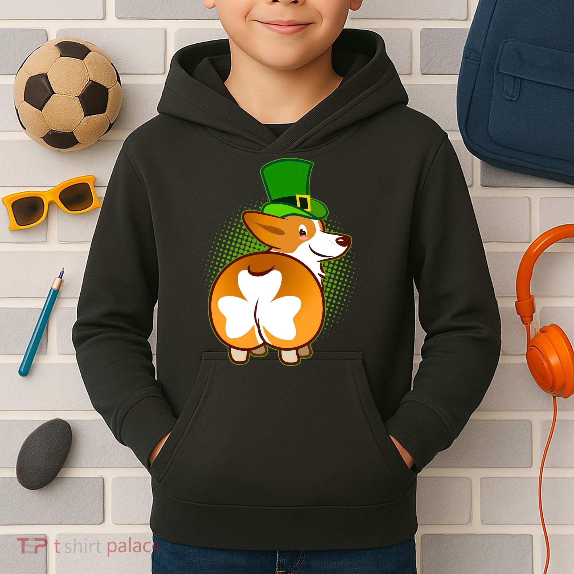 Funny St Patrick's Day Shamrock Corgi Butt Kids Hoodie