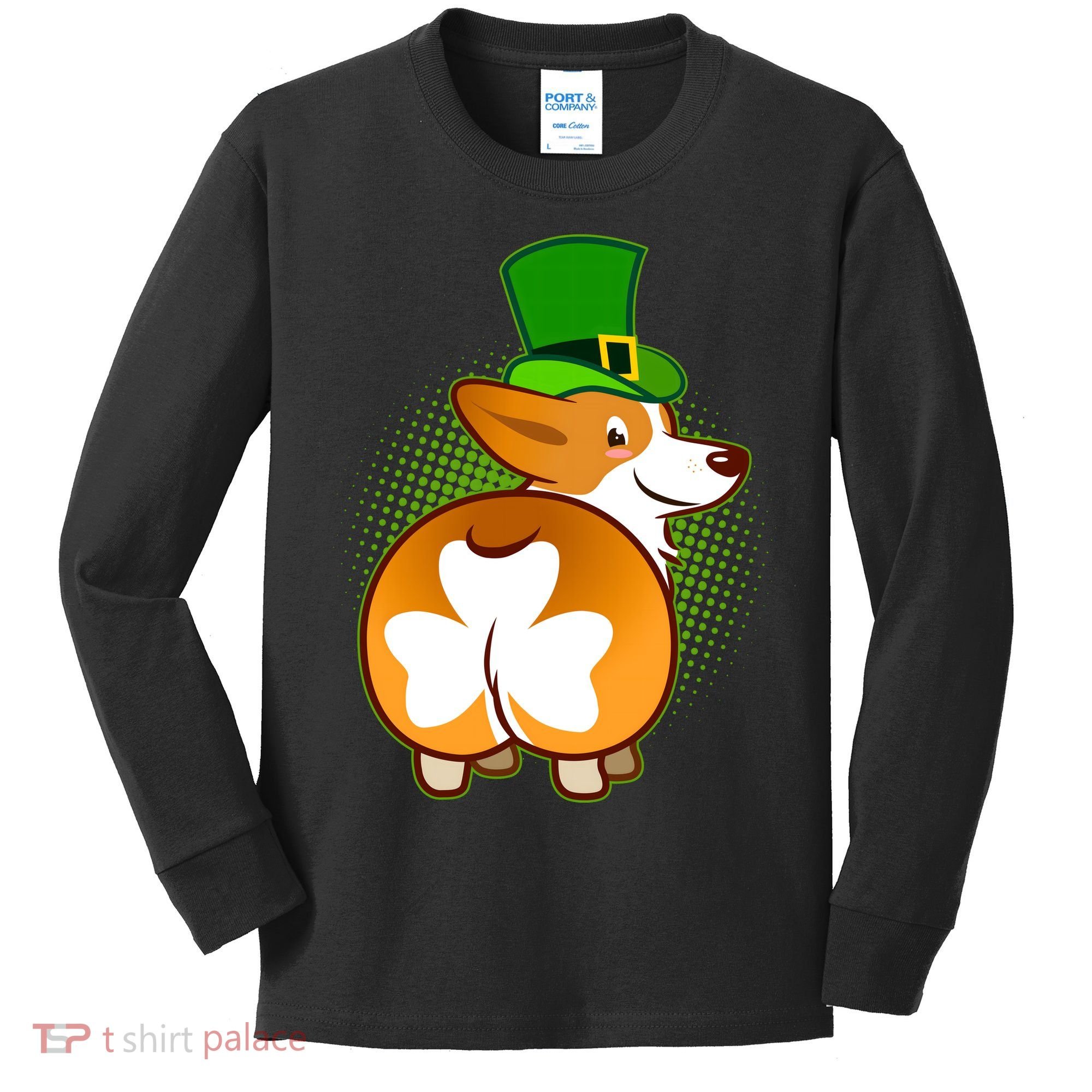 Funny St Patrick's Day Shamrock Corgi Butt Kids Long Sleeve Shirt