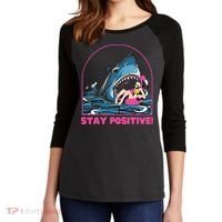 Funny Stay Positive Shark Beach Motivational Quote Women's Tri-Blend 3/4-Sleeve Raglan Shirt thumb 2