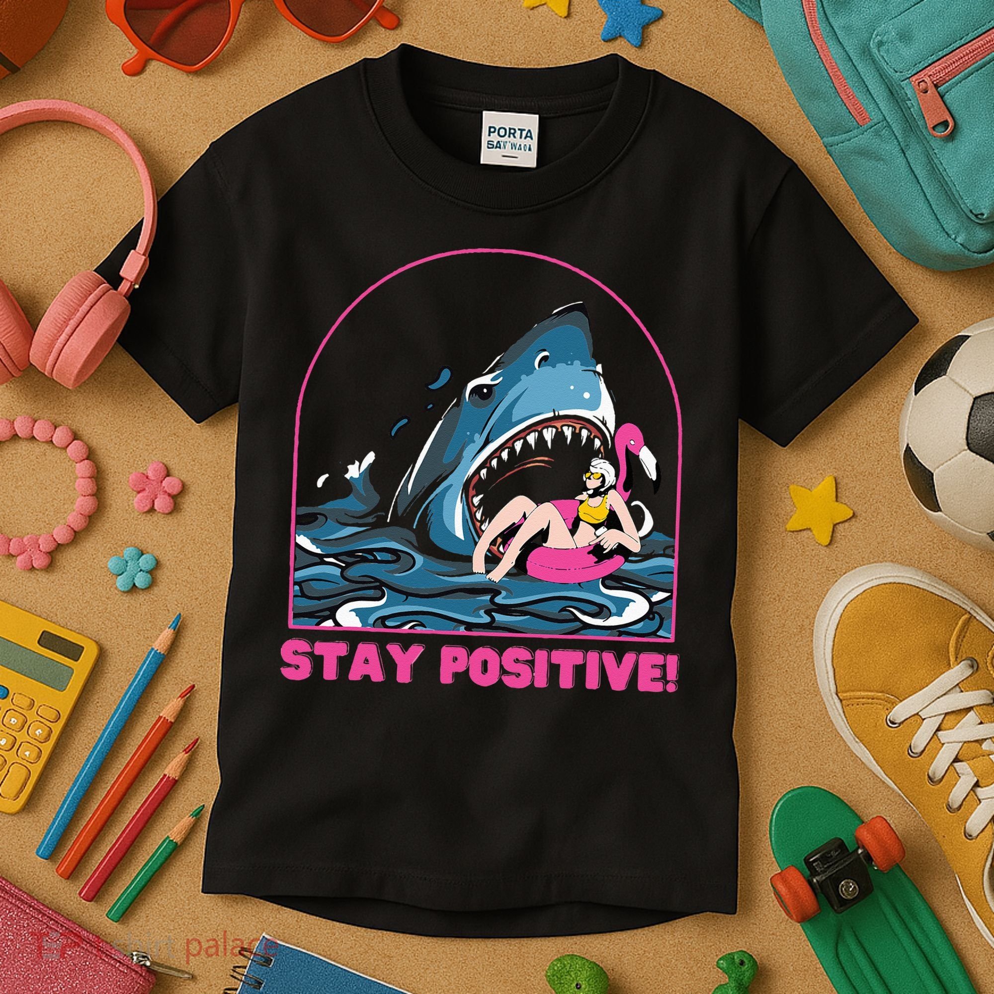 Funny Stay Positive Shark Beach Motivational Quote Kids T-Shirt