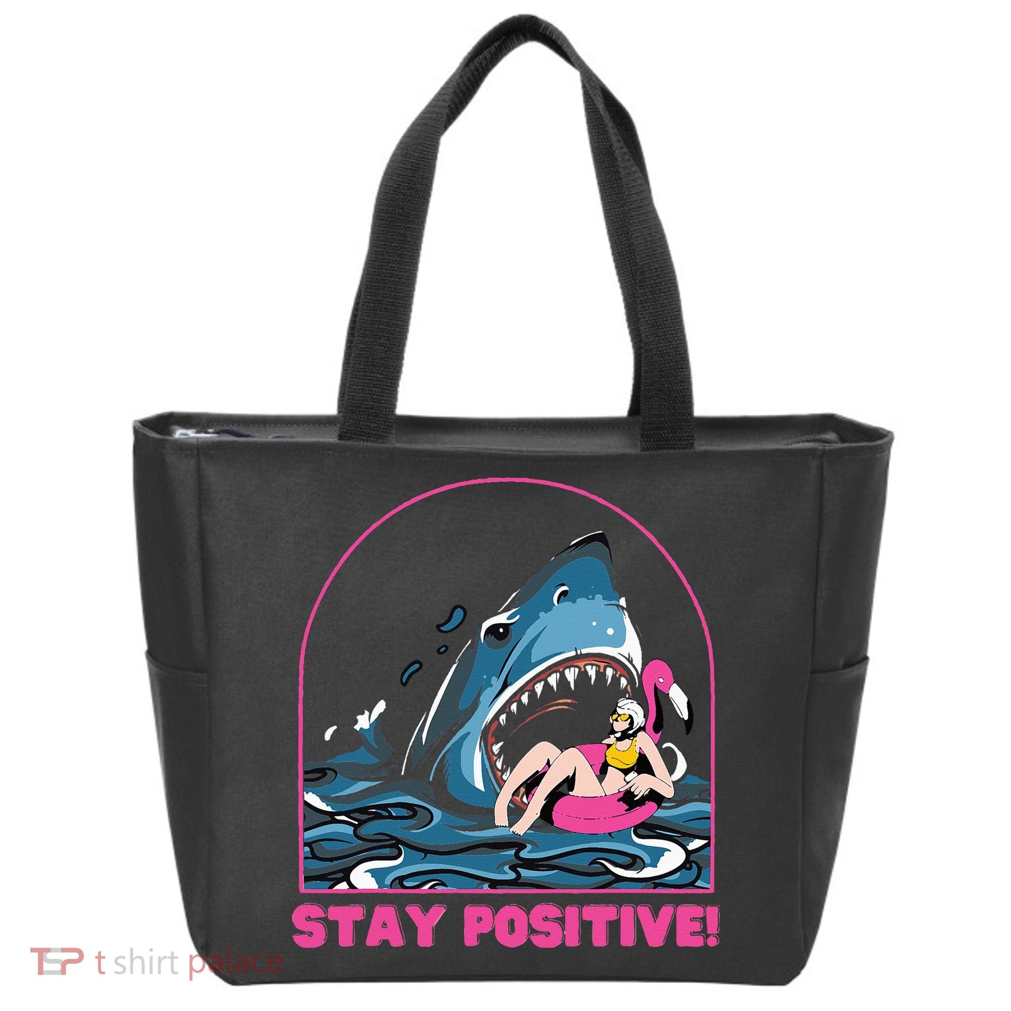 Funny Stay Positive Shark Beach Motivational Quote Tote Bag