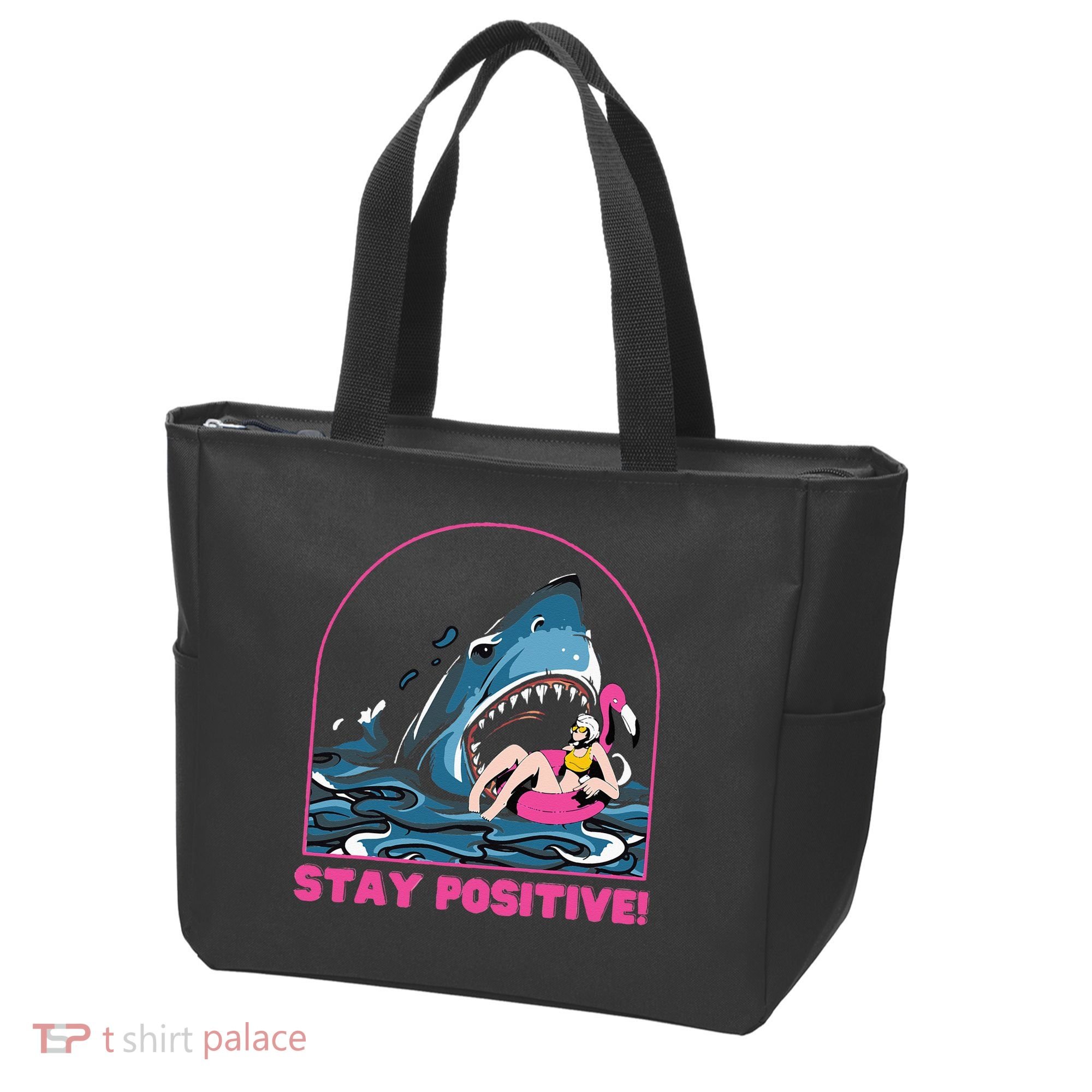 Funny Stay Positive Shark Beach Motivational Quote Tote Bag