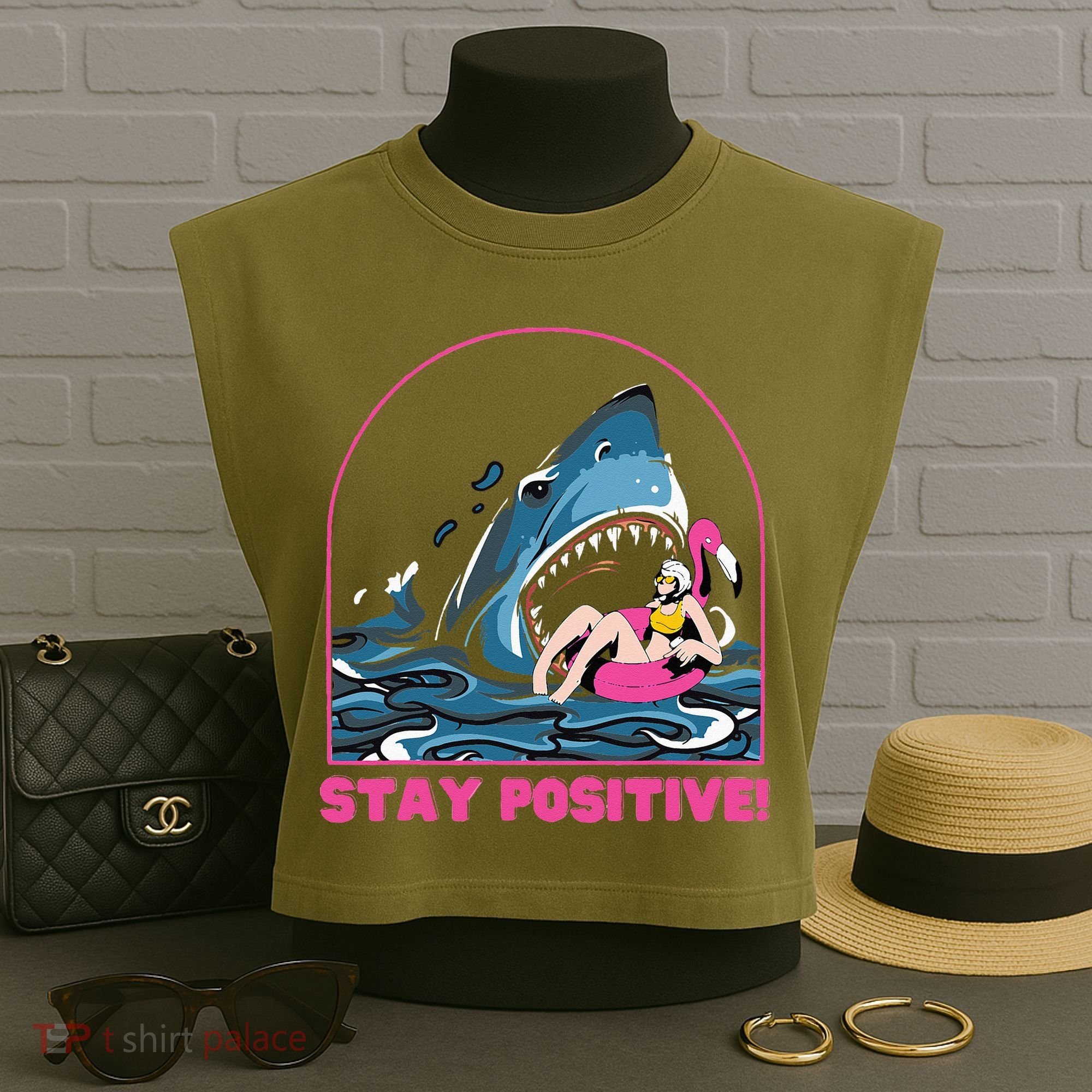 Funny Stay Positive Shark Beach Motivational Quote Garment-Dyed Women's Muscle Tee