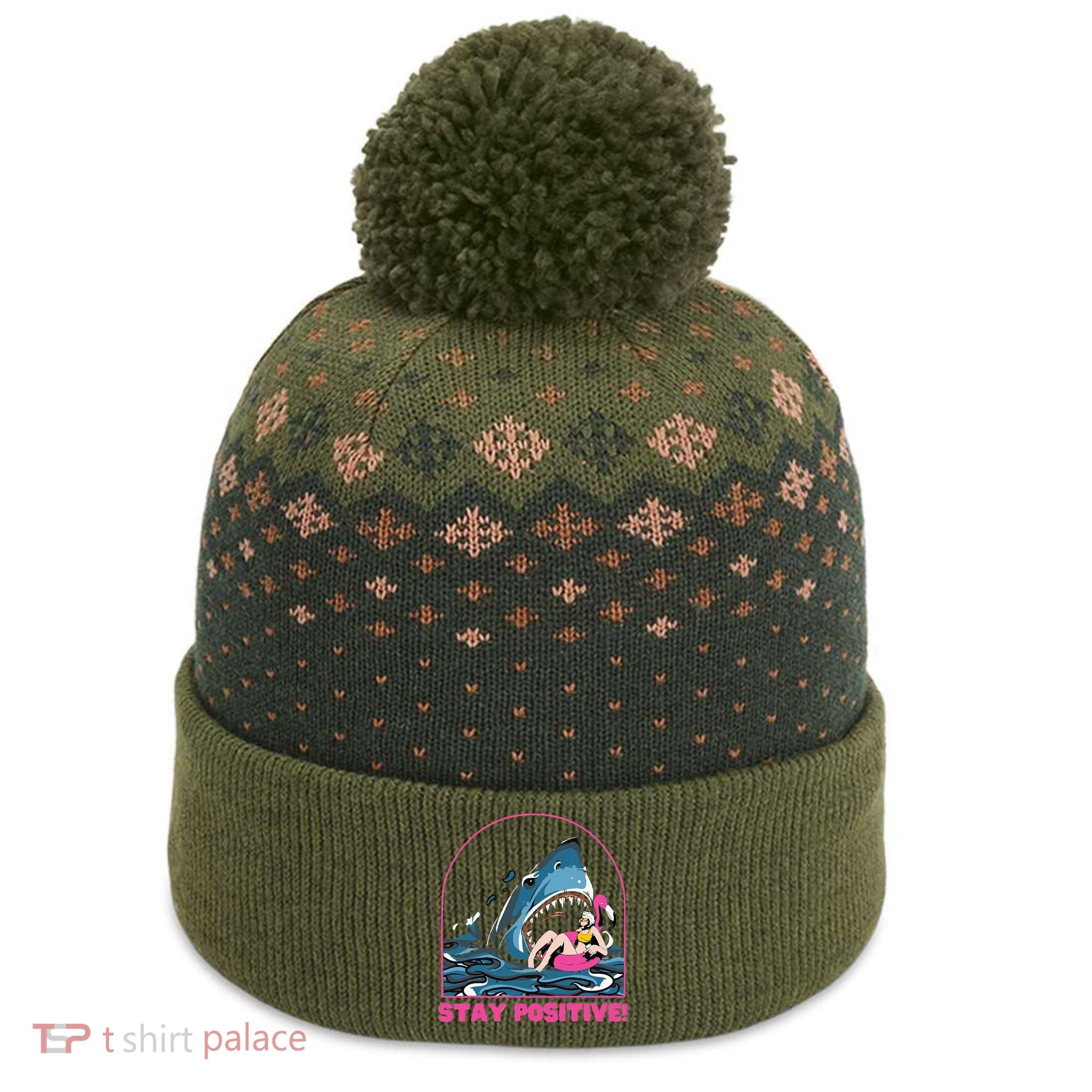 Funny Stay Positive Shark Beach Motivational Quote The Baniff Cuffed Pom Beanie