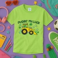 Funny St Patricks Day Pushin My Luck Bulldozer Kids T-Shirt thumb 3