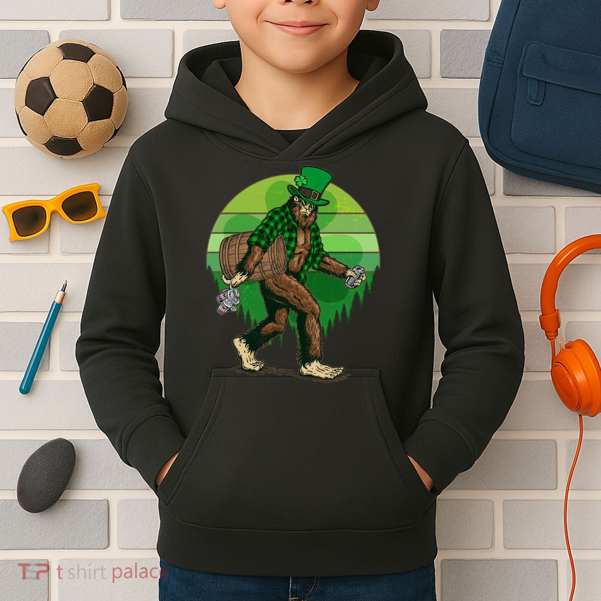 Funny St Patrick's Day Leprechaun Sasquatch With Beer Kids Hoodie