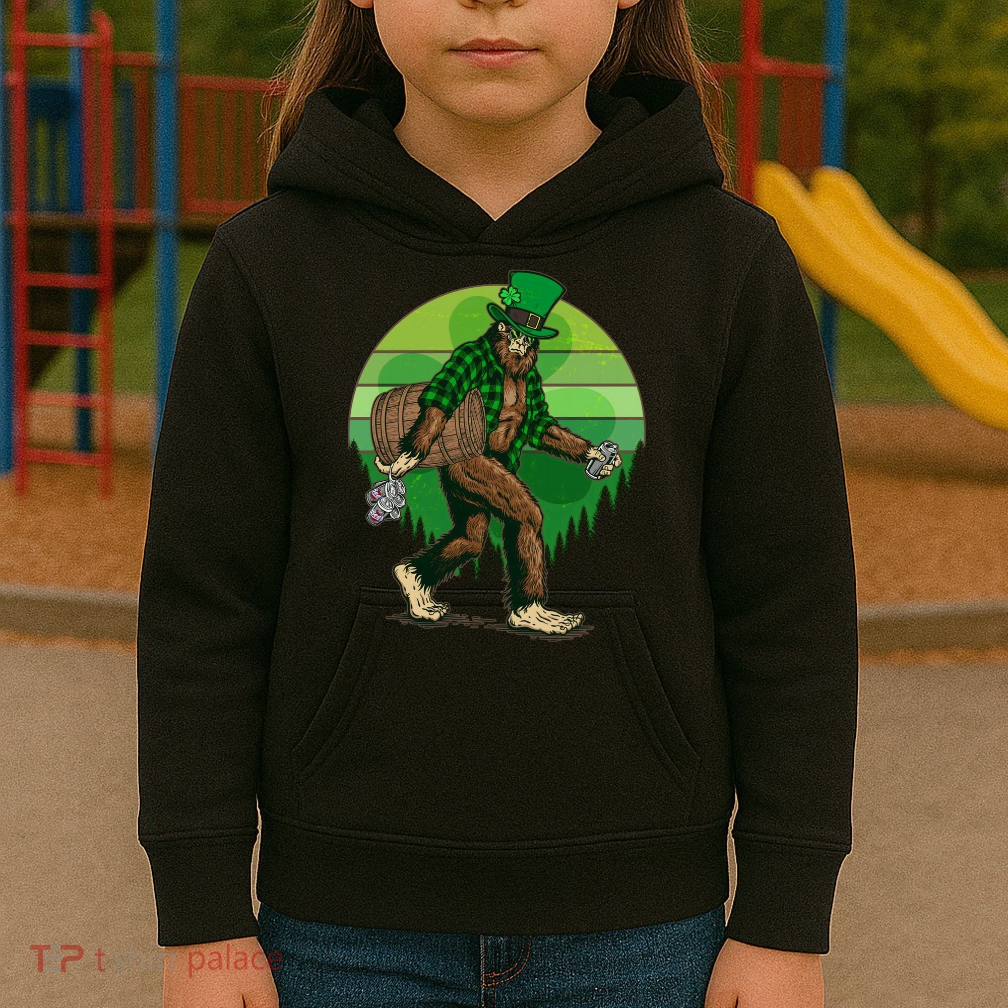 Funny St Patrick's Day Leprechaun Sasquatch With Beer Kids Hoodie