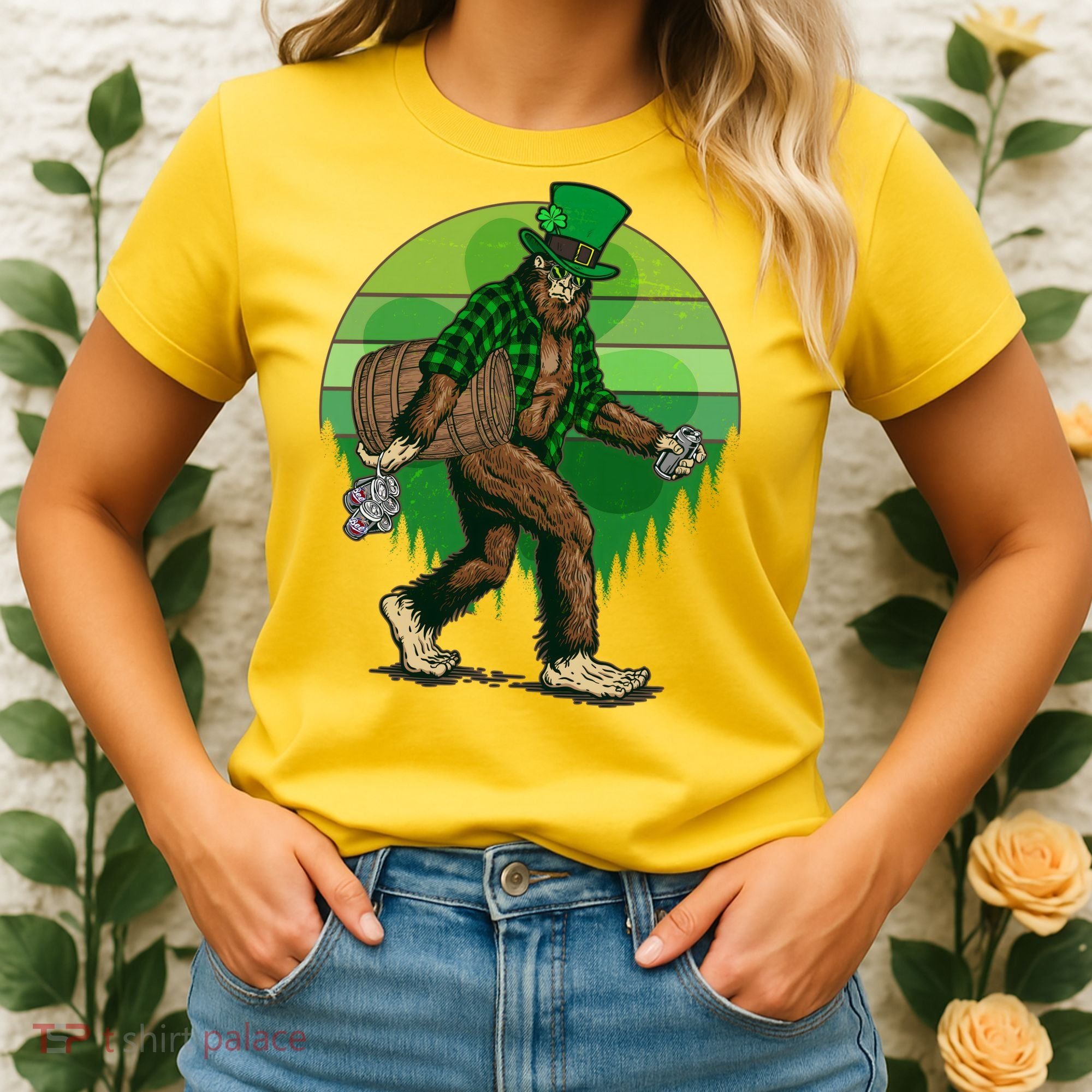 Funny St Patrick's Day Leprechaun Sasquatch With Beer Women's T-Shirt