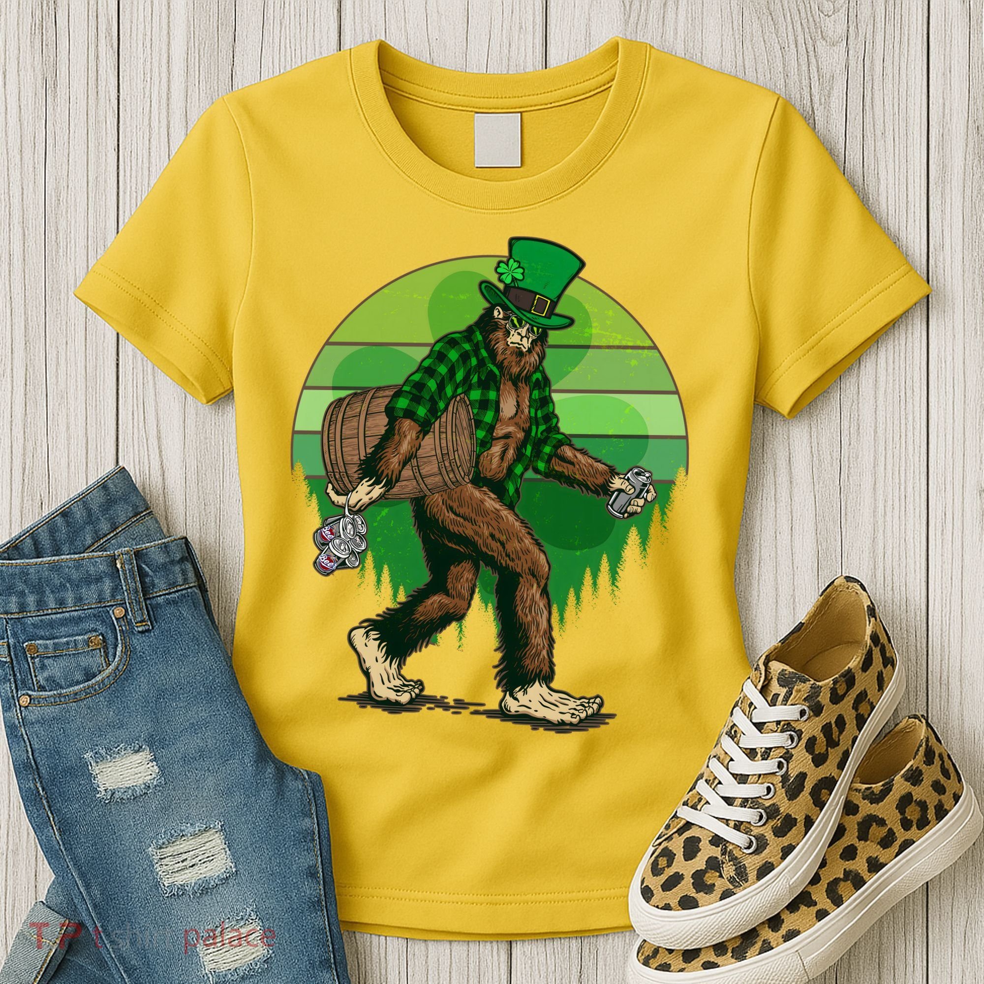 Funny St Patrick's Day Leprechaun Sasquatch With Beer Women's T-Shirt