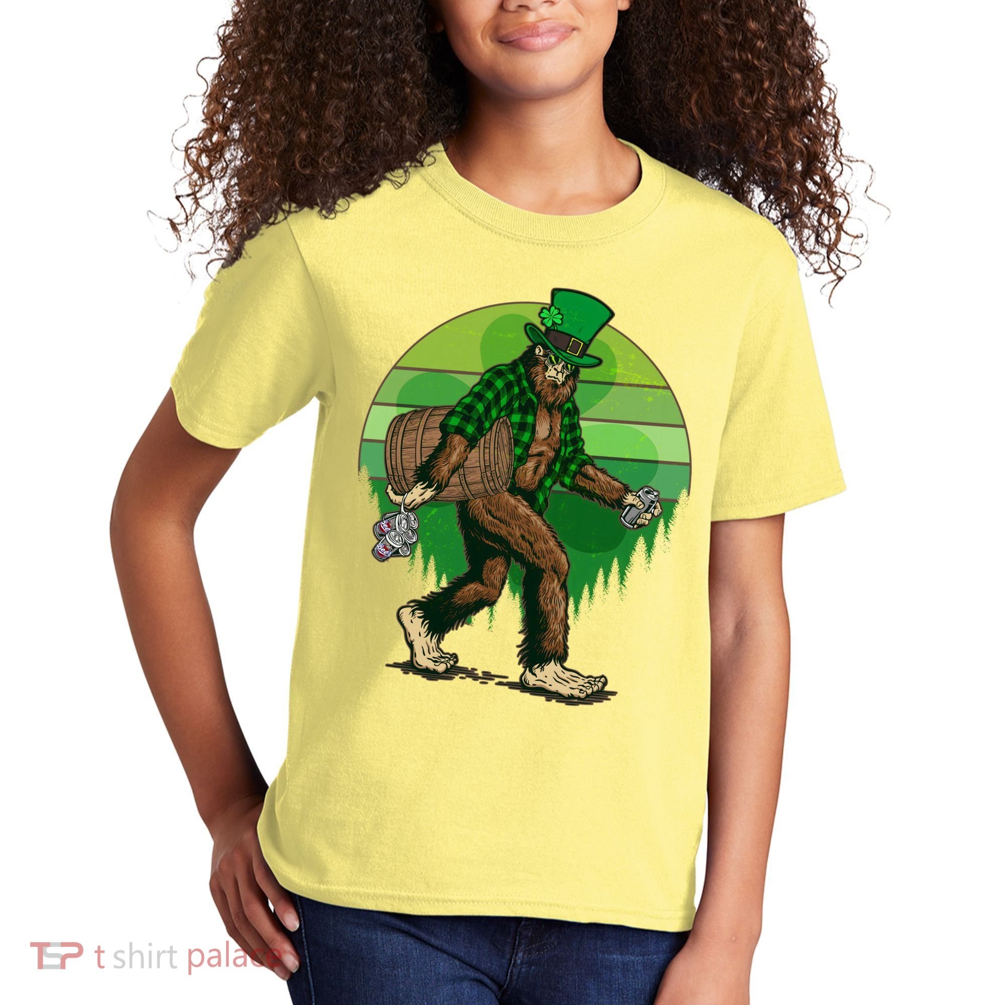 Funny St Patrick's Day Leprechaun Sasquatch With Beer Kids T-Shirt