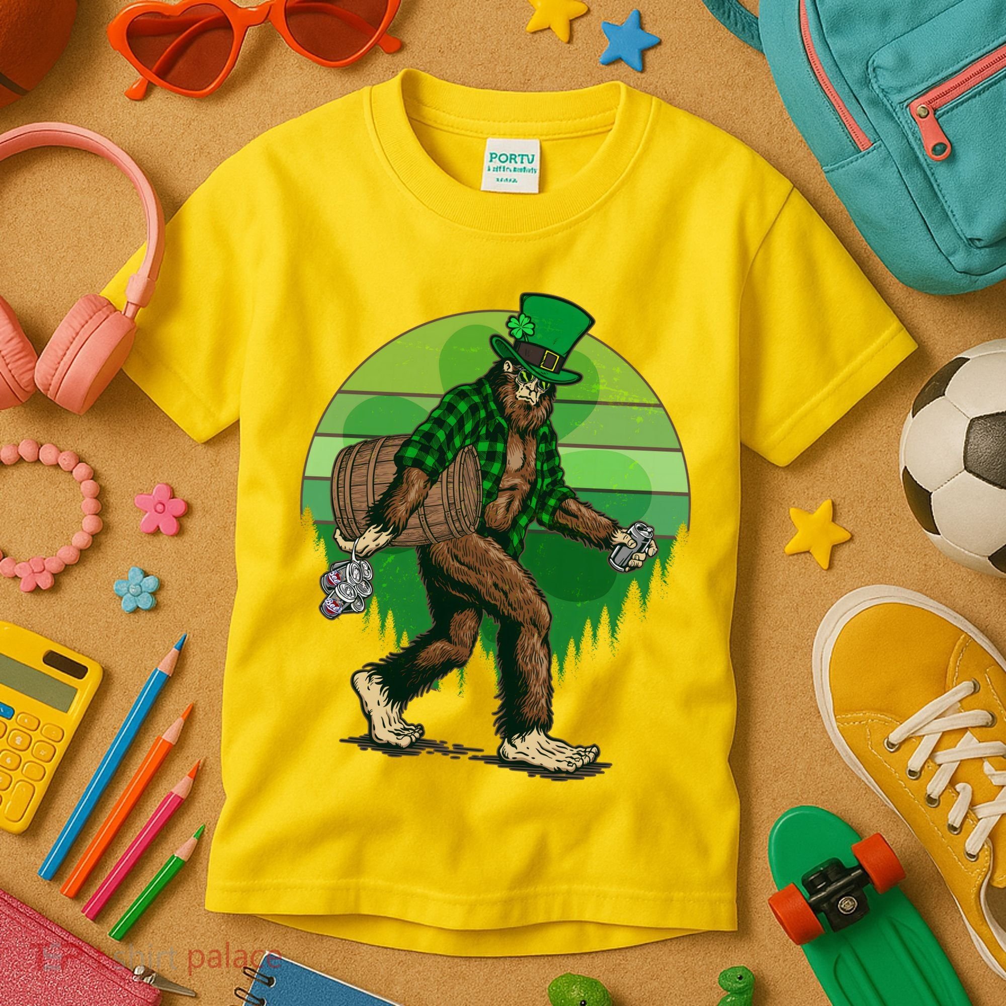 Funny St Patrick's Day Leprechaun Sasquatch With Beer Kids T-Shirt