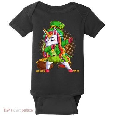 Funny St Patricks Dabbing Leprechaun Rainbow Unicorn Baby Bodysuit