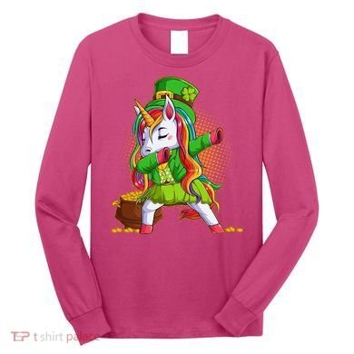 Funny St Patricks Dabbing Leprechaun Rainbow Unicorn Long Sleeve Shirt
