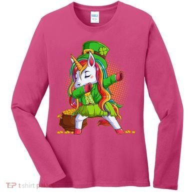 Funny St Patricks Dabbing Leprechaun Rainbow Unicorn Women's Long Sleeve Shirt