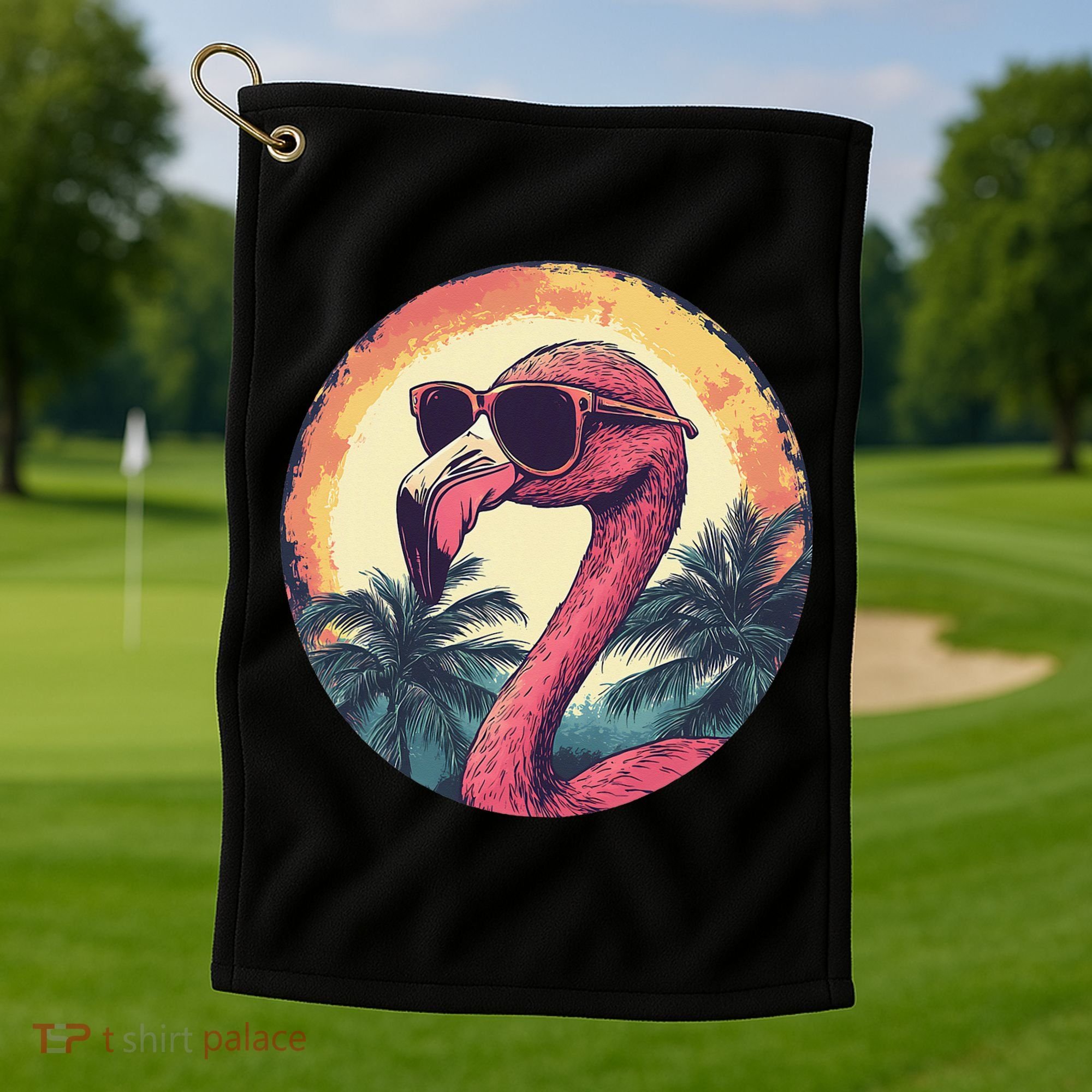 Flamingo Sunglasses Palm Tree Beach Gift Golf Towel