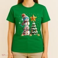 Funny Snowmen Putting Up Christmas Tree T-Shirt thumb 4