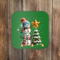 Funny Snowmen Putting Up Christmas Tree Coaster thumb 0