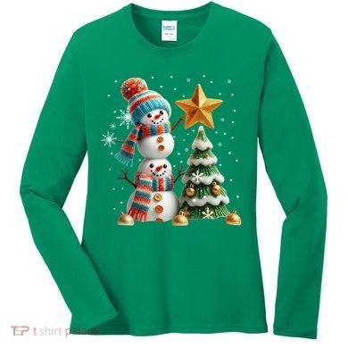 Funny Snowmen Putting Up Christmas Tree Women's Long Sleeve Shirt