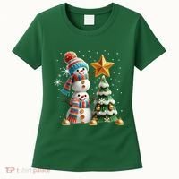 Funny Snowmen Putting Up Christmas Tree Women's T-Shirt thumb 0