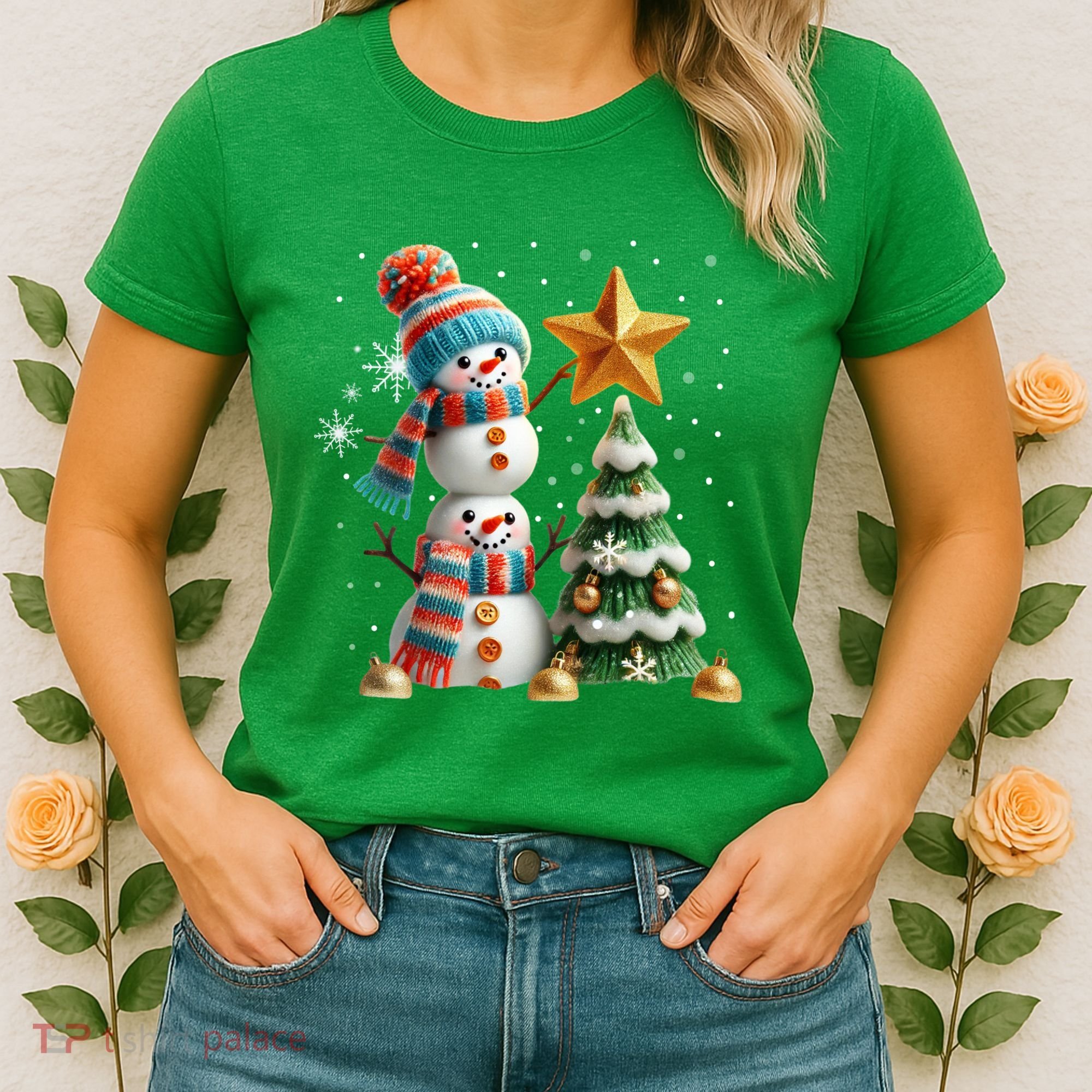 Funny Snowmen Putting Up Christmas Tree Women's T-Shirt