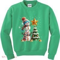 Funny Snowmen Putting Up Christmas Tree Kids Sweatshirt thumb 0