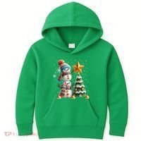 Funny Snowmen Putting Up Christmas Tree Kids Hoodie thumb 0