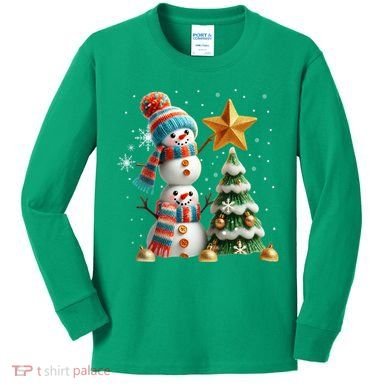 Funny Snowmen Putting Up Christmas Tree Kids Long Sleeve Shirt