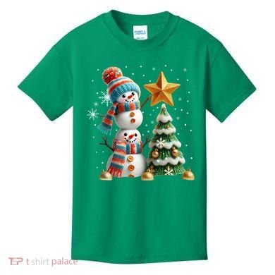 Funny Snowmen Putting Up Christmas Tree Kids T-Shirt