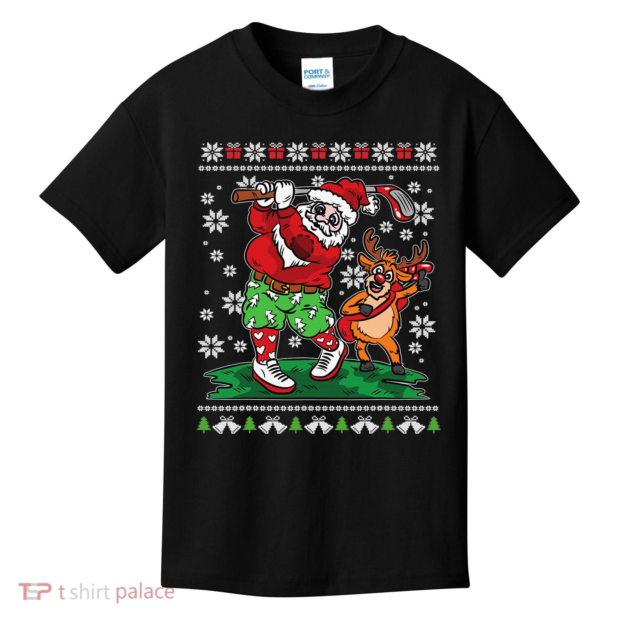 Funny Santa Playing Golf Sports Ugly Golf Christmas Kids T-Shirt