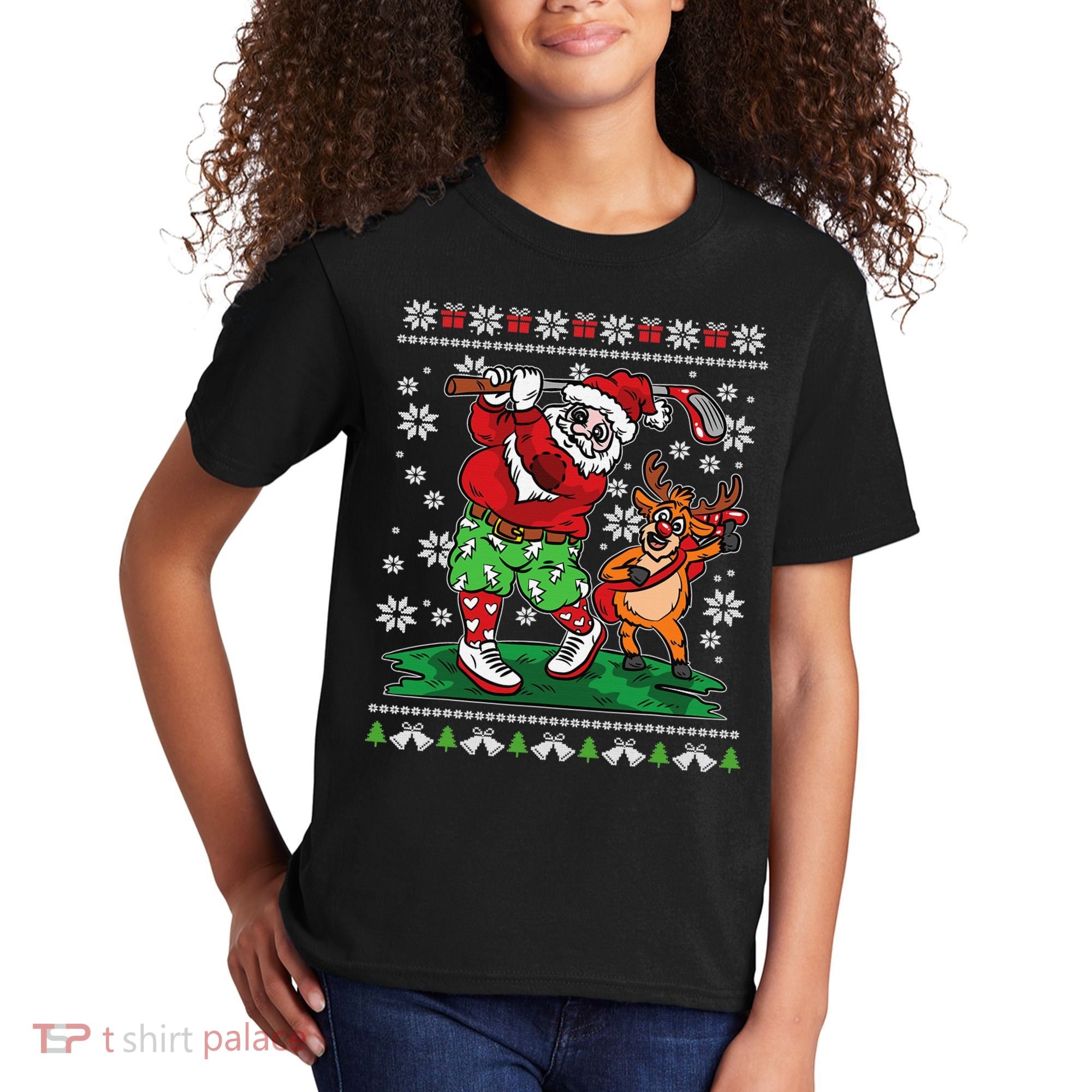Funny Santa Playing Golf Sports Ugly Golf Christmas Kids T-Shirt