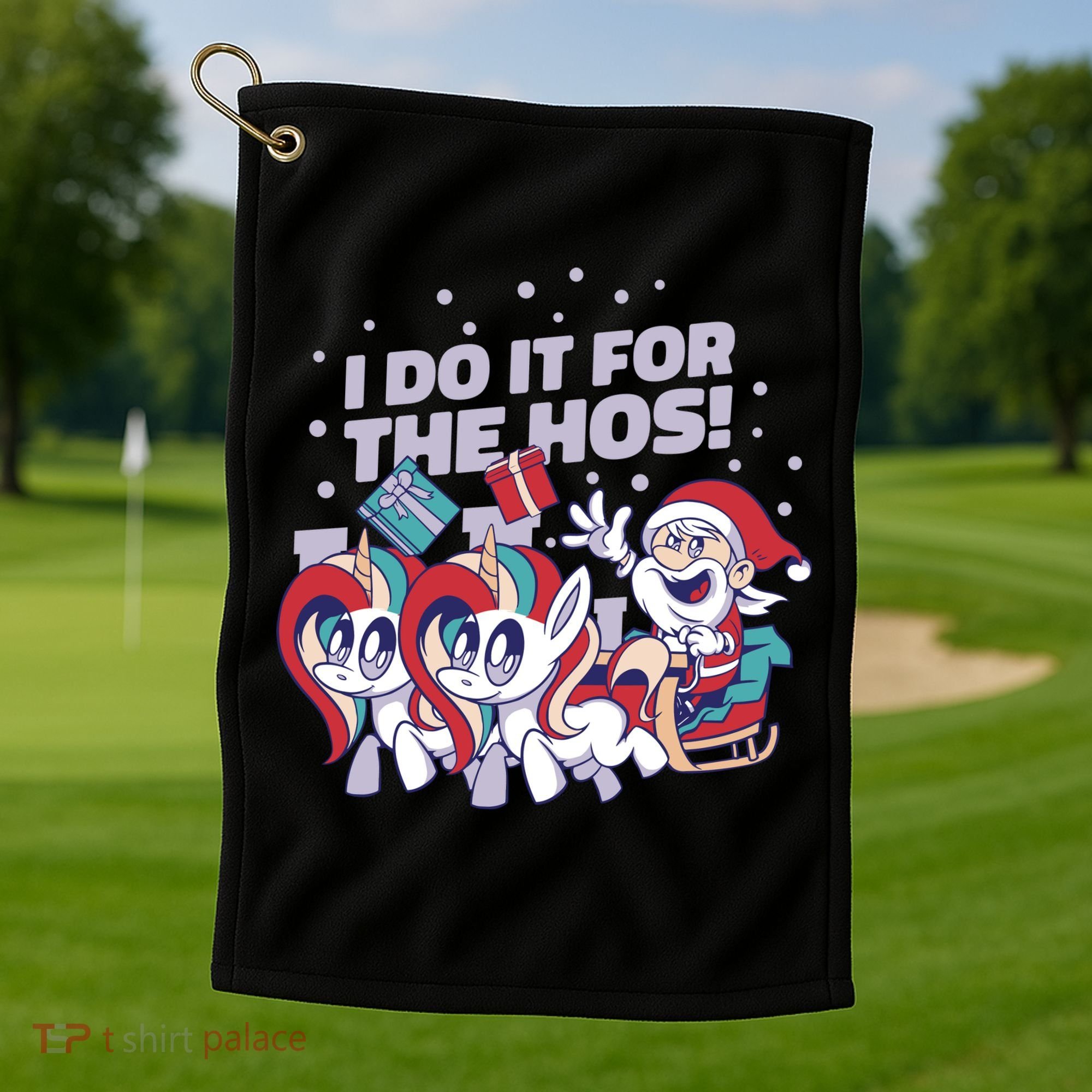 Funny Santa Riding Sleighs With Unicorns Golf Towel