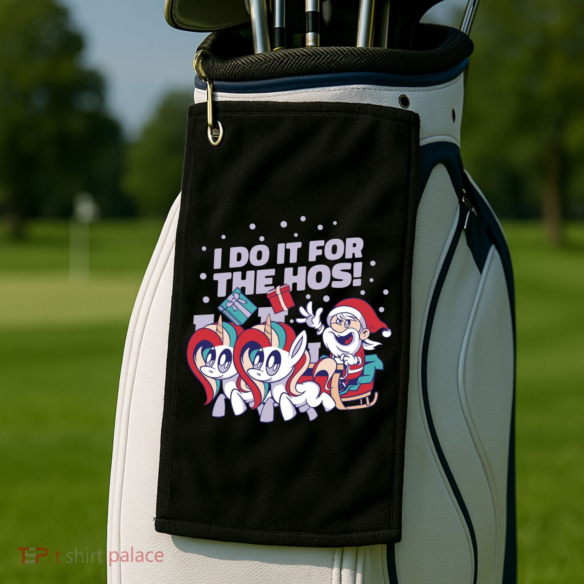 Funny Santa Riding Sleighs With Unicorns Golf Towel